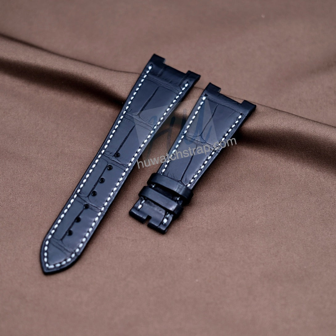 Patek Philippe Nautilus style watch strap 25mm in Gloss Navy Blue Alligator  leather. Red rubberized leather lining